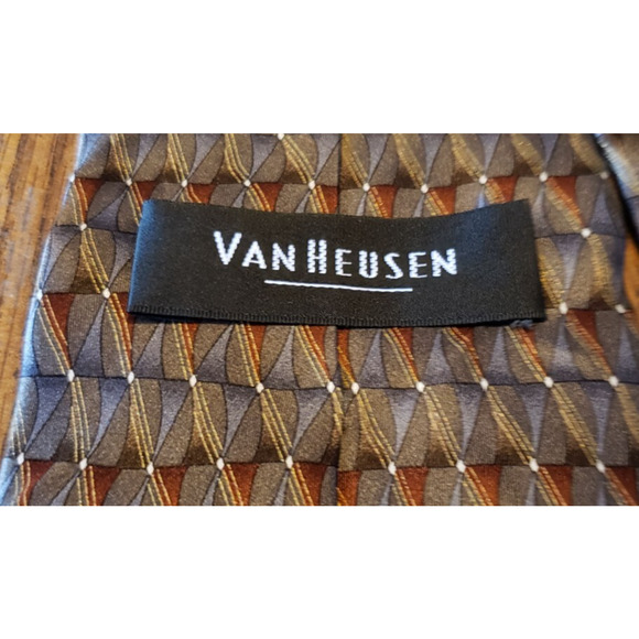 Van Heusen Men’s Tie with Brown Geometric Square Pattern With Stripes - Picture 4 of 6